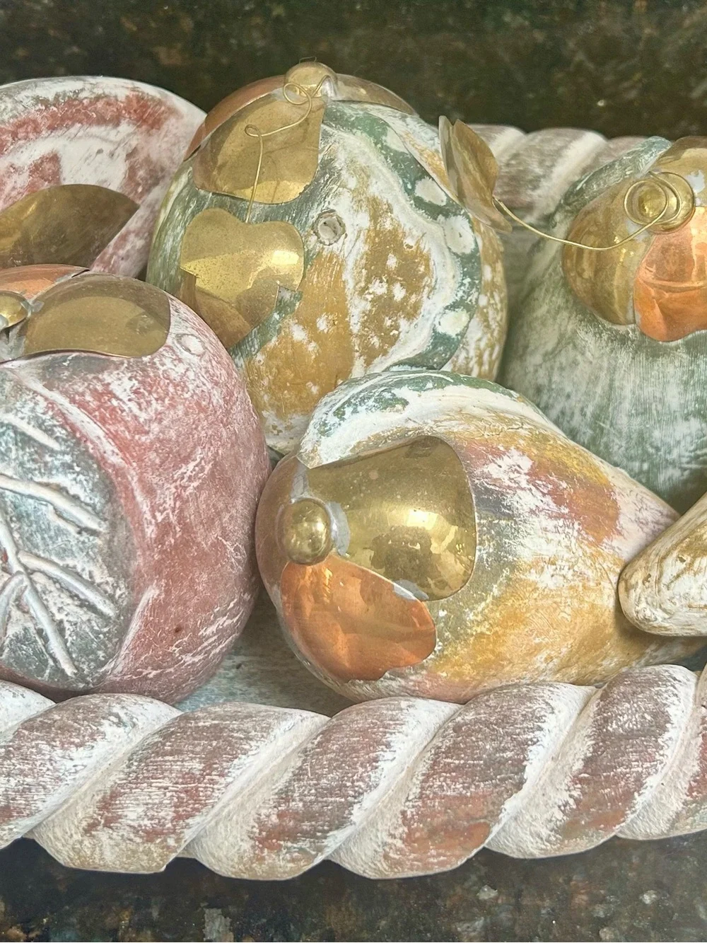Vintage Handmade Terracotta Rope Bowl & Mixed Media Brass Fruit Set - 7 Pc